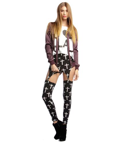 Fashion Goth Rock Garter Buckle Black Cross Print Stretchy Tights Pants